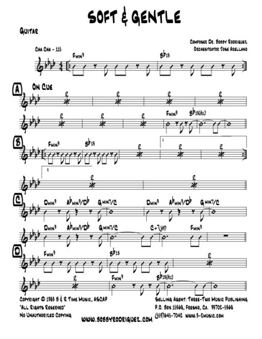 Soft and Gentle guitar (Download) Latin jazz printed sheet music www.3-2music.com composer and arranger Bobby Rodriguez big band 4-4-5 instrumentation