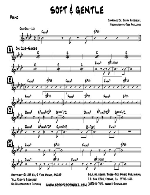 Soft and Gentle piano (Download) Latin jazz printed sheet music www.3-2music.com composer and arranger Bobby Rodriguez big band 4-4-5 instrumentation