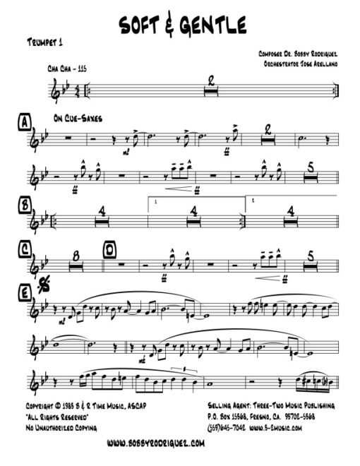 Soft and Gentle trumpet 1 (Download) Latin jazz printed sheet music www.3-2music.com composer and arranger Bobby Rodriguez big band 4-4-5 instrumentation