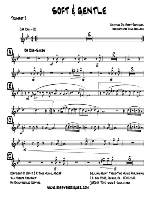 Soft and Gentle trumpet 2 (Download) Latin jazz printed sheet music www.3-2music.com composer and arranger Bobby Rodriguez big band 4-4-5 instrumentation
