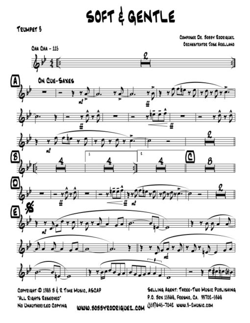 Soft and Gentle trumpet 3 (Download) Latin jazz printed sheet music www.3-2music.com composer and arranger Bobby Rodriguez big band 4-4-5 instrumentation
