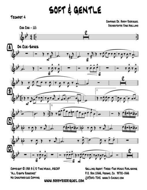 Soft and Gentle trumpet 4 (Download) Latin jazz printed sheet music www.3-2music.com composer and arranger Bobby Rodriguez big band 4-4-5 instrumentation