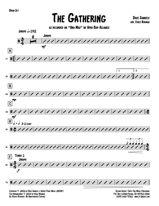 The Gathering drums (Download) Latin jazz printed sheet music www.3-2music.com composer and arranger Dave Samuels big band 4-4-5 instrumentation