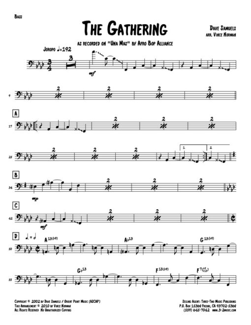 The Gathering bass (Download) Latin jazz printed sheet music www.3-2music.com composer and arranger Dave Samuels big band 4-4-5 instrumentation