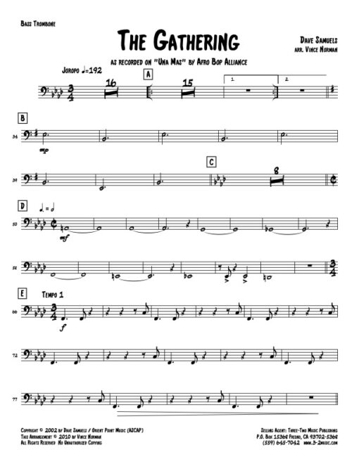 The Gathering bass trombone (Download) Latin jazz printed sheet music www.3-2music.com composer and arranger Dave Samuels big band 4-4-5 instrumentation