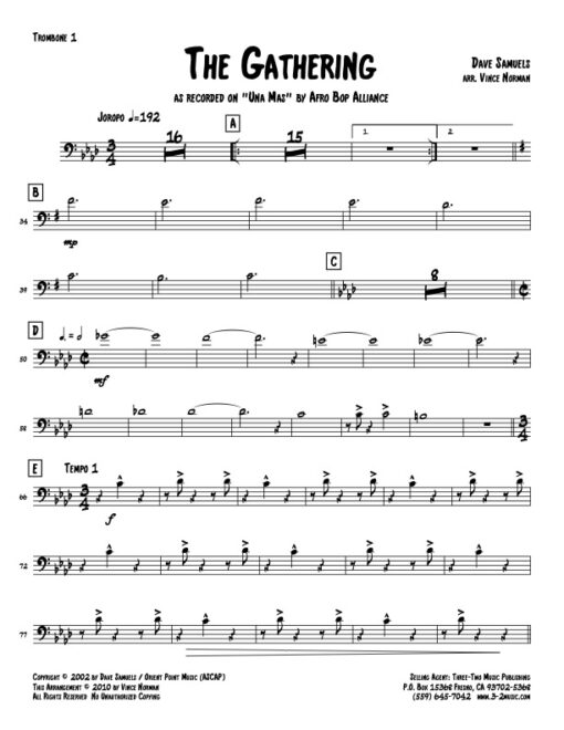 The Gathering trombone 1 (Download) Latin jazz printed sheet music www.3-2music.com composer and arranger Dave Samuels big band 4-4-5 instrumentation
