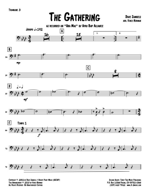 The Gathering trombone 3 (Download) Latin jazz printed sheet music www.3-2music.com composer and arranger Dave Samuels big band 4-4-5 instrumentation