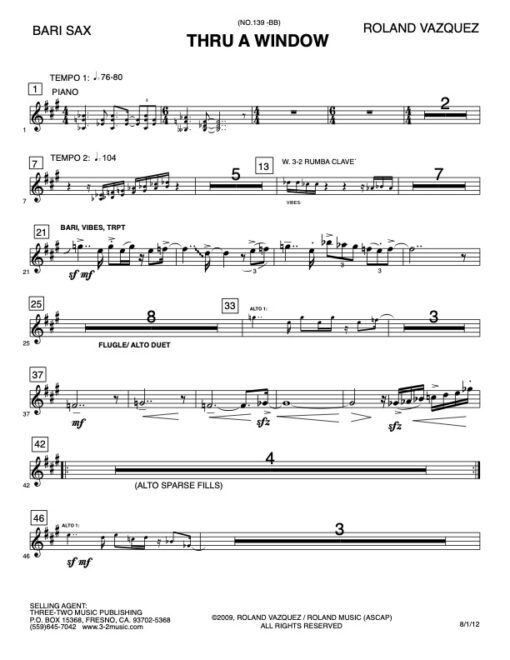 Thru Window baritone (Download) Latin Jazz printed sheet music www.3-2music.com composer and arranger Roland Vazquez big band 4-4-5 instrumentation