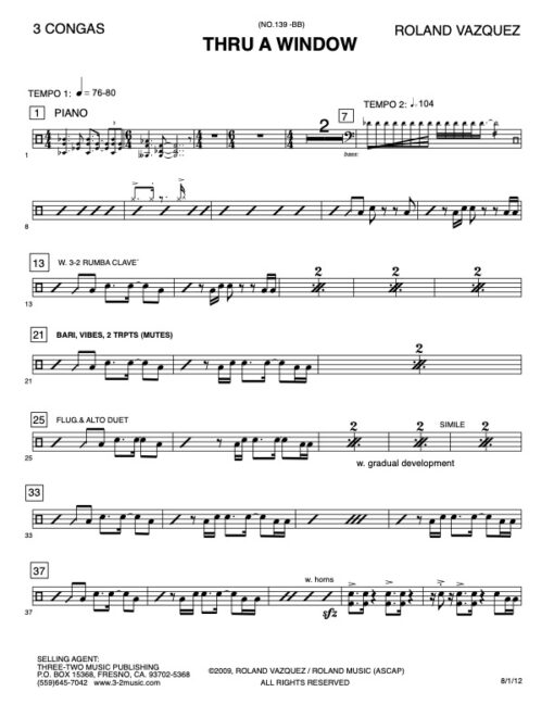 Thru A Window congas (Download) Latin Jazz printed sheet music www.3-2music.com composer and arranger Roland Vazquez big band 4-4-5 instrumentation