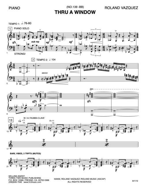 Thru A Window piano (Download) Latin Jazz printed sheet music www.3-2music.com composer and arranger Roland Vazquez big band 4-4-5 instrumentation
