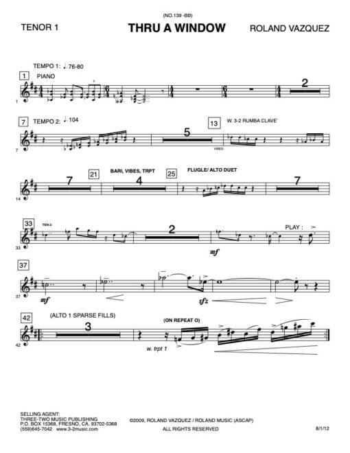 Thru Window tenor 1 (Download) Latin Jazz printed sheet music www.3-2music.com composer and arranger Roland Vazquez big band 4-4-5 instrumentation