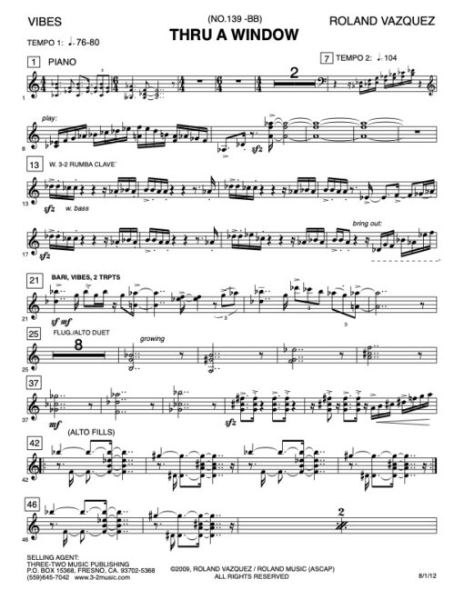 Thru A Window vibes (Download) Latin Jazz printed sheet music www.3-2music.com composer and arranger Roland Vazquez big band 4-4-5 instrumentation