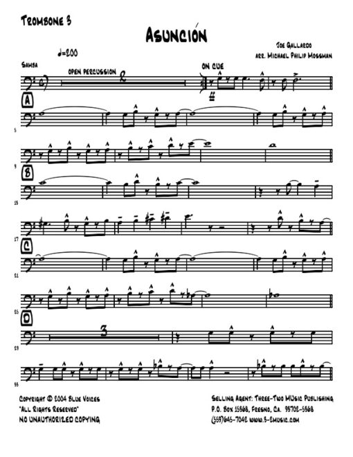 Asunción trombone 3 (Download) Latin jazz printed sheet music www.3-2music.com composer and arranger Joe Gallardo big band 4-4-5 rhythm