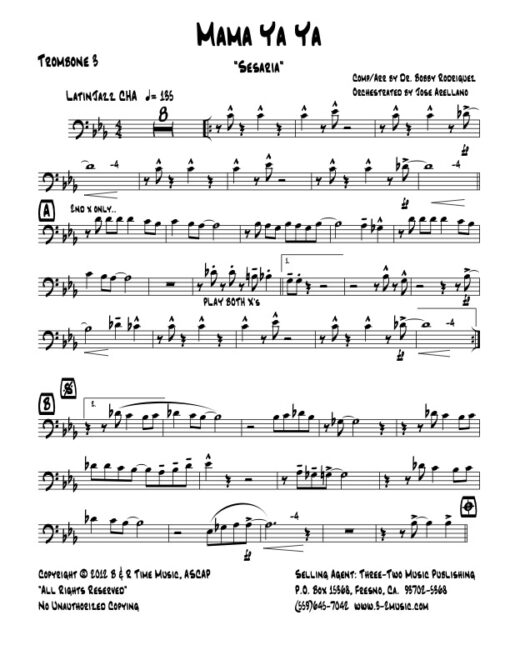 Mama Ya Ya trombone 3 (Download) Latin jazz printed sheet music www.3-2music.com composer and arranger Bobby Rodriguez big band 4-4-5 instrumentation