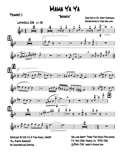 Mama Ya Ya trumpet 1 (Download) Latin jazz printed sheet music www.3-2music.com composer and arranger Bobby Rodriguez big band 4-4-5 instrumentation