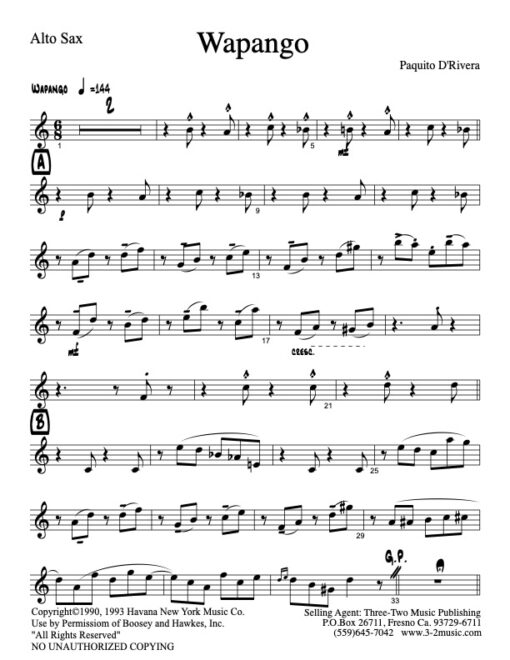 Wapango alto (Download) Latin jazz printed sheet music www.3-2music.com composer and arranger Paquito De Rivera big band 4-4-4 instrumentation