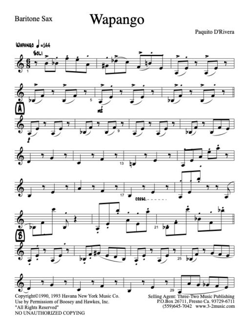 Wapango baritone (Download) Latin jazz printed sheet music www.3-2music.com composer and arranger Paquito De Rivera big band 4-4-4 instrumentation