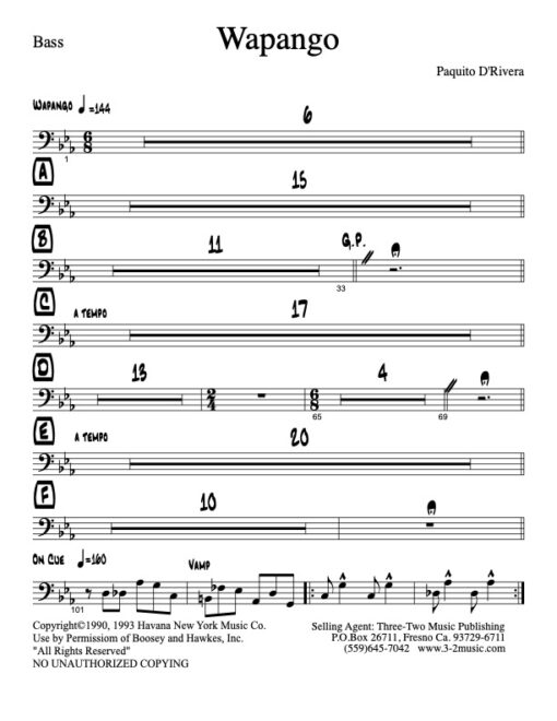 Wapango bass (Download) Latin jazz printed sheet music www.3-2music.com composer and arranger Paquito De Rivera big band 4-4-4 instrumentation