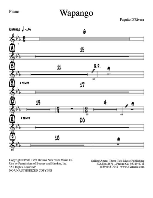 Wapango piano (Download) Latin jazz printed sheet music www.3-2music.com composer and arranger Paquito De Rivera big band 4-4-4 instrumentation