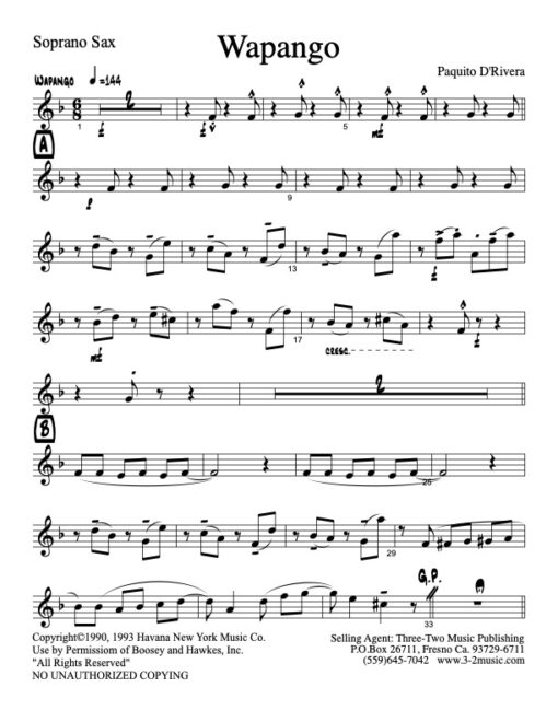 Wapango soprano (Download) Latin jazz printed sheet music www.3-2music.com composer and arranger Paquito De Rivera big band 4-4-4 instrumentation