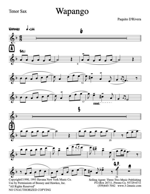 Wapango tenor (Download) Latin jazz printed sheet music www.3-2music.com composer and arranger Paquito De Rivera big band 4-4-4 instrumentation