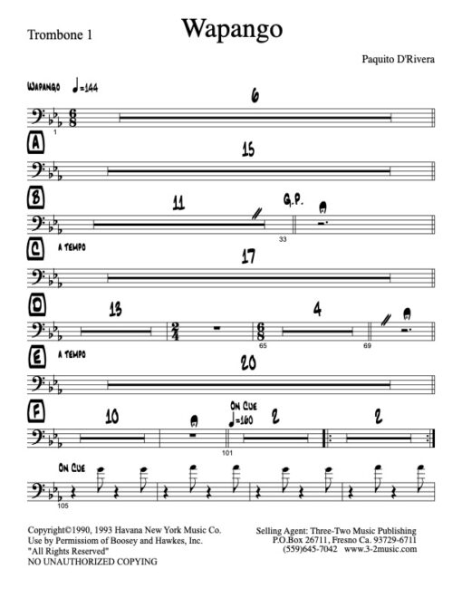 Wapango trombone 1 (Download) Latin jazz printed sheet music www.3-2music.com composer and arranger Paquito De Rivera big band 4-4-4 instrumentation