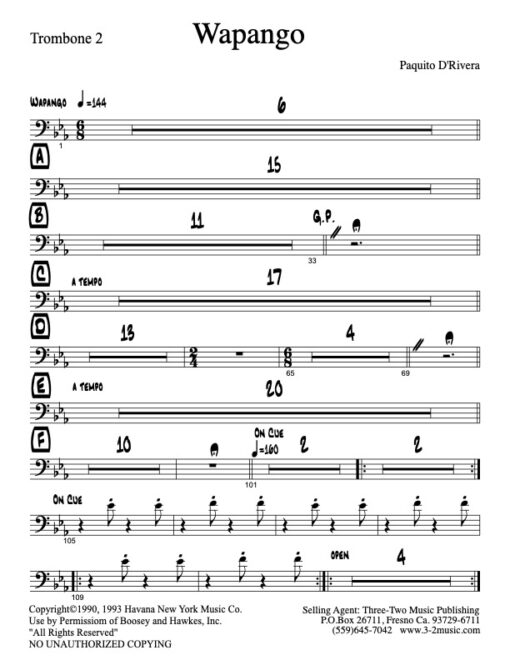 Wapango trombone 2 (Download) Latin jazz printed sheet music www.3-2music.com composer and arranger Paquito De Rivera big band 4-4-4 instrumentation