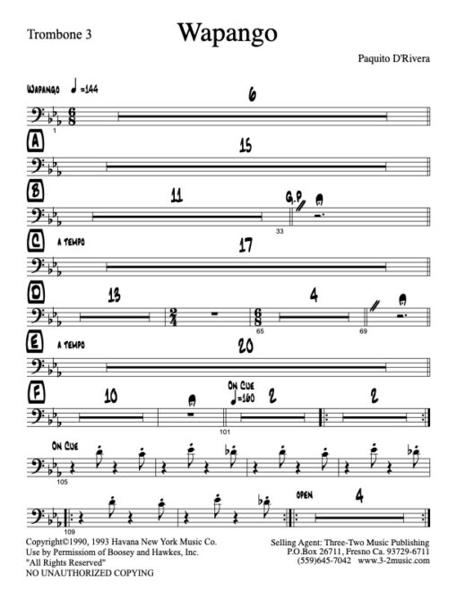 Wapango trombone 3 (Download) Latin jazz printed sheet music www.3-2music.com composer and arranger Paquito De Rivera big band 4-4-4 instrumentation