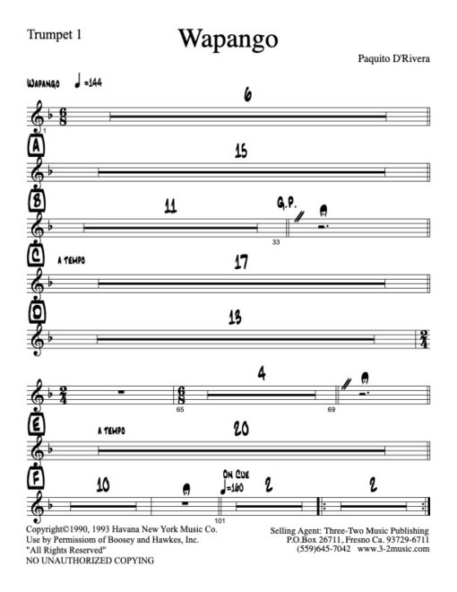 Wapango trumpet 1 (Download) Latin jazz printed sheet music www.3-2music.com composer and arranger Paquito De Rivera big band 4-4-4 instrumentation