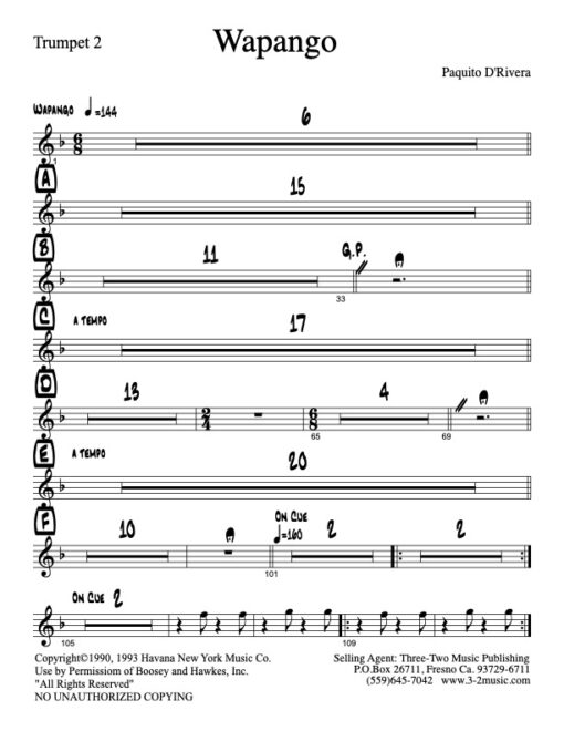 Wapango trumpet 2 (Download) Latin jazz printed sheet music www.3-2music.com composer and arranger Paquito De Rivera big band 4-4-4 instrumentation