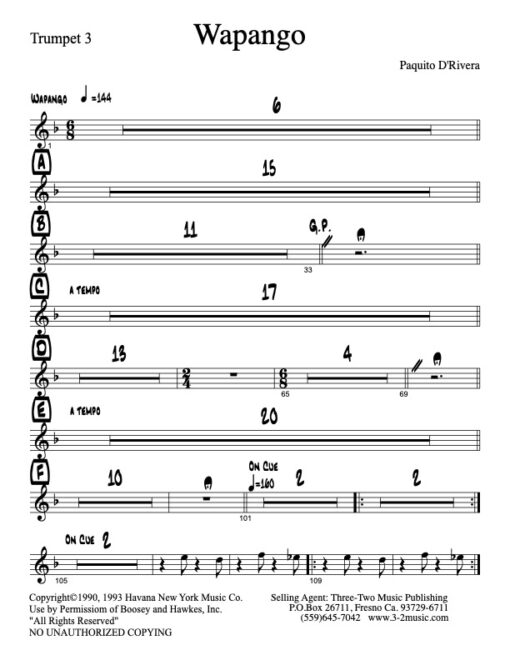 Wapango trumpet 3 (Download) Latin jazz printed sheet music www.3-2music.com composer and arranger Paquito De Rivera big band 4-4-4 instrumentation