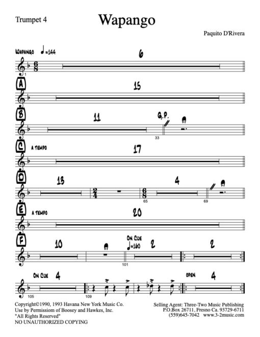 Wapango trumpet 4 (Download) Latin jazz printed sheet music www.3-2music.com composer and arranger Paquito De Rivera big band 4-4-4 instrumentation
