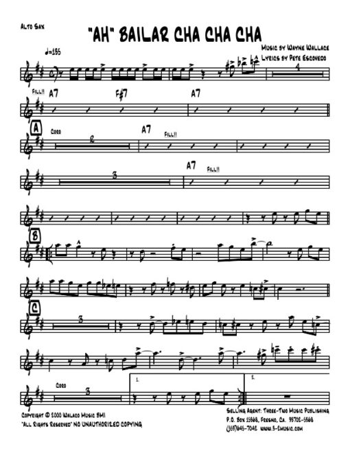 "Ah" Bailar Cha Cha Cha alto (Download) Latin jazz printed sheet music www.3-2music.com composer and arranger Wayne Wallace little big band instrumentation