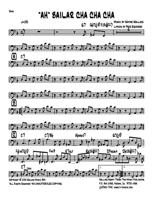 "Ah" Bailar Cha Cha Cha bass (Download) Latin jazz printed sheet music www.3-2music.com composer and arranger Wayne Wallace little big band