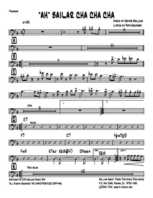 "Ah" Bailar Cha Cha Cha trombone (Download) Latin jazz printed sheet music www.3-2music.com composer and arranger Wayne Wallace little big band