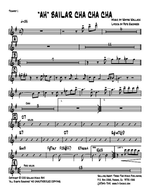 "Ah" Bailar Cha Cha Cha trumpet 1 (Download) Latin jazz printed sheet music www.3-2music.com composer and arranger Wayne Wallace little big band