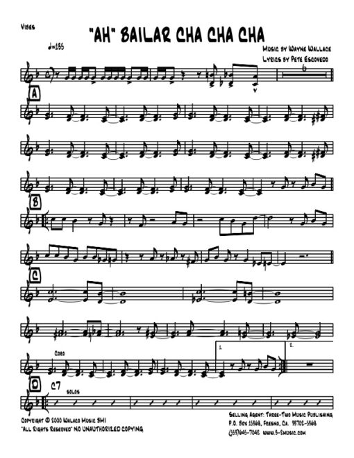 "Ah" Bailar Cha Cha Cha vibraphone (Download) Latin jazz printed sheet music www.3-2music.com composer and arranger Wayne Wallace little big band