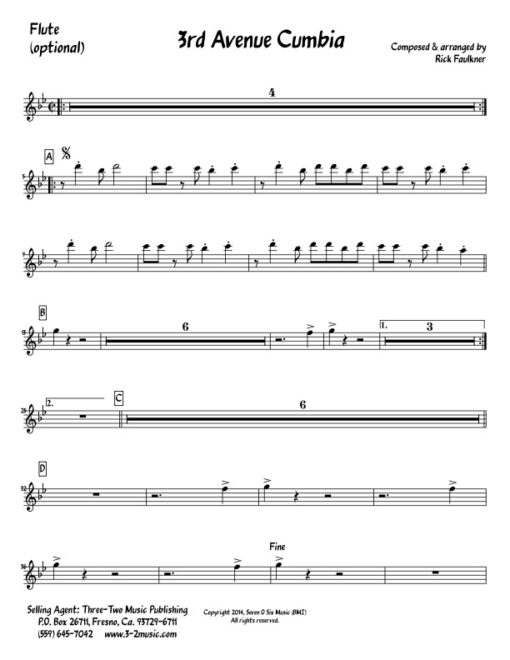 3rd Ave Cumbia V.2 flute (Download) Latin jazz printed sheet music www.3-2music.com composer and arranger Rick Faulkner big band 4-4-5 instrumentation