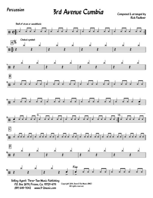 3rd Ave Cumbia V.2 percussion (Download) Latin jazz printed sheet music www.3-2music.com composer and arranger Rick Faulkner big band 4-4-5 instrumentation