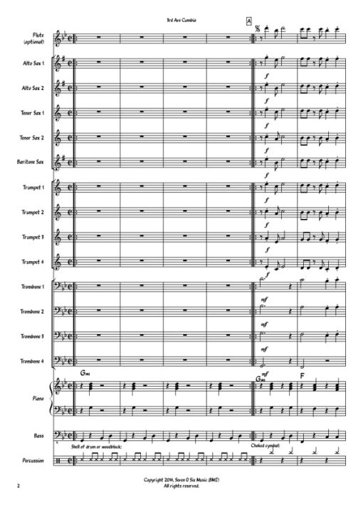 3rd Ave Cumbia V.2 score (Download) Latin jazz printed sheet music www.3-2music.com composer and arranger Rick Faulkner big band 4-4-5 instrumentation