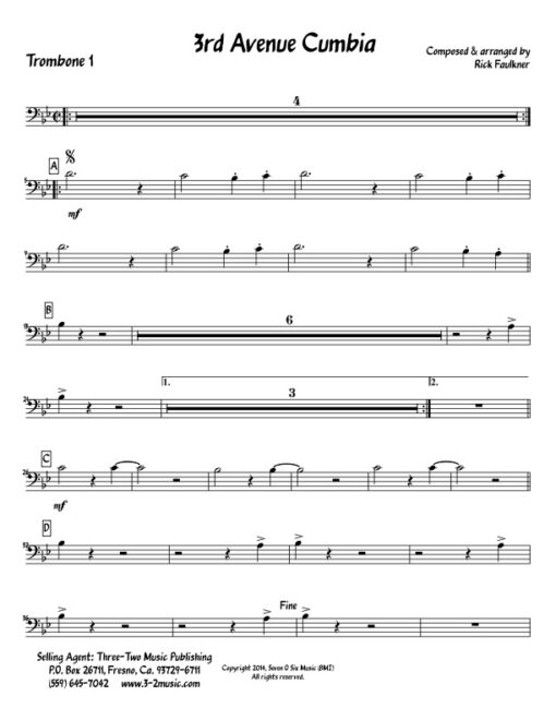 3rd Ave Cumbia V.2 trombone 1 (Download) Latin jazz printed sheet music www.3-2music.com composer and arranger Rick Faulkner big band 4-4-5 instrumentation