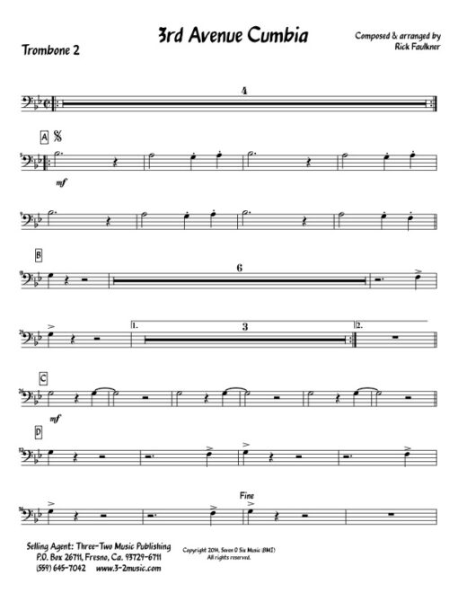 3rd Ave Cumbia V.2 trombone 2 (Download) Latin jazz printed sheet music www.3-2music.com composer and arranger Rick Faulkner big band 4-4-5 instrumentation