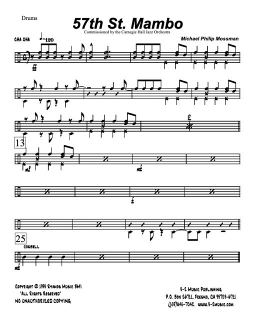 57th St Mambo drums (Download) Latin jazz printed sheet music www.3-2music.com composer and arranger Michael Mossman big band 4-4-5 instrumentation