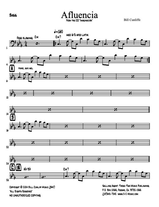 Afluencia V.1 bass (Download) Latin jazz printed sheet music www.3-2music.com composer and arranger Bill Cunliffe combo (octet) instrumentation