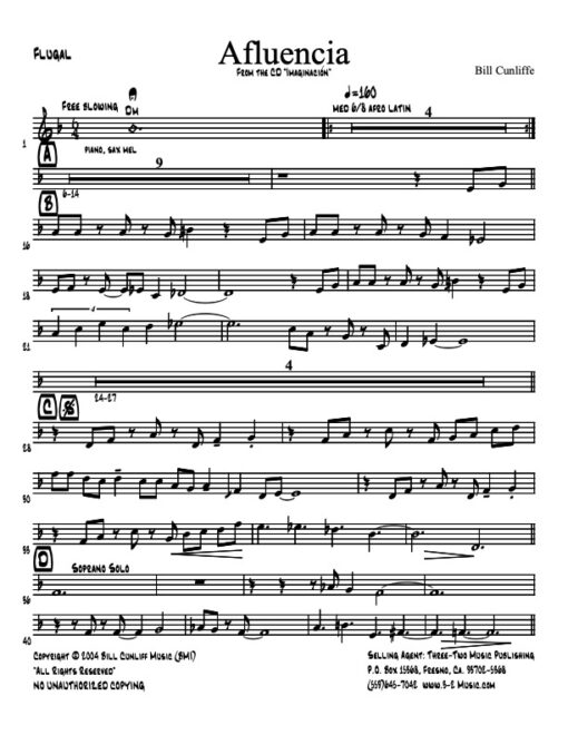 Afluencia V.1 flugal (Download) Latin jazz printed sheet music www.3-2music.com composer and arranger Bill Cunliffe combo (octet) instrumentation