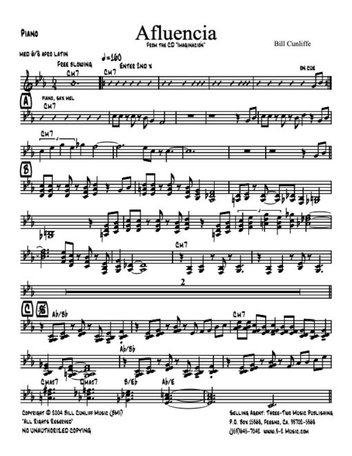 Afluencia V.1 piano (Download) Latin jazz printed sheet music www.3-2music.com composer and arranger Bill Cunliffe combo (octet) instrumentation