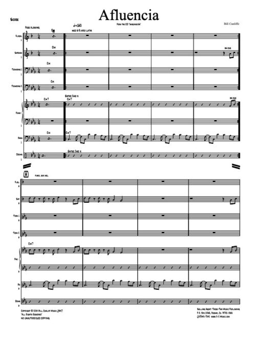 Afluencia V.1 score (Download) Latin jazz printed sheet music www.3-2music.com composer and arranger Bill Cunliffe combo (octet) instrumentation