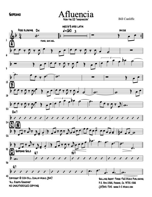 Afluencia V.1 soprano (Download) Latin jazz printed sheet music www.3-2music.com composer and arranger Bill Cunliffe combo (octet) instrumentation