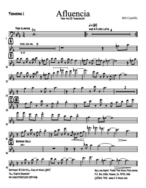 Afluencia V.1 trombone 1 (Download) Latin jazz printed sheet music www.3-2music.com composer and arranger Bill Cunliffe combo (octet) instrumentation