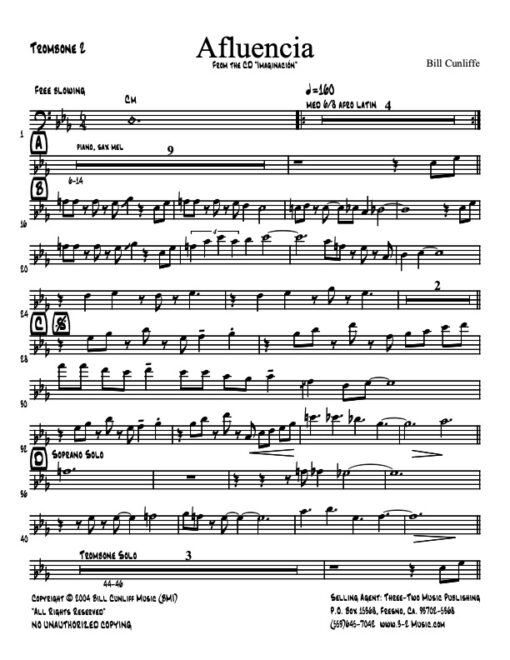 Afluencia V.1 trombone 2 (Download) Latin jazz printed sheet music www.3-2music.com composer and arranger Bill Cunliffe combo (octet) instrumentation